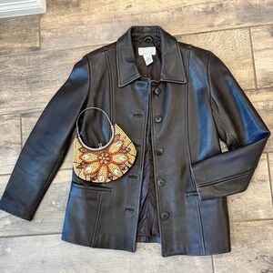 Vintage soft Black Leather Button-Up Jacket